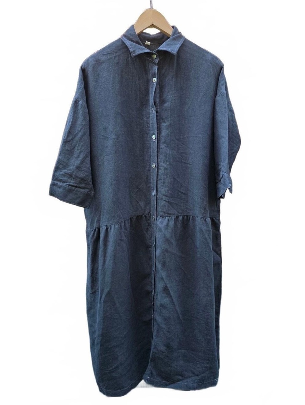 Lagenlook Black Cotton Midi Shirtdress Oversize Drop Waist Pockets S/M Fits XL